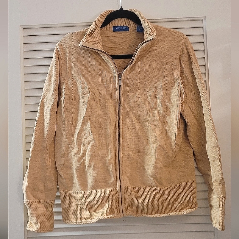 Karen Scott Sport - Tan 100% Cotton Knit Long-Sleeve Zipper Sweater